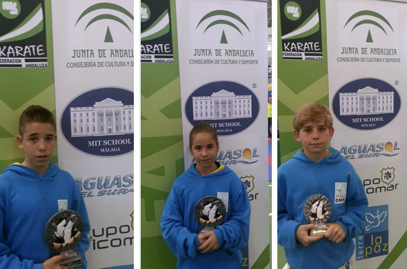José Miguel, Paula Quesada y Alfie Bannister en el Campeonato de Andalucía Infantil de Kárate