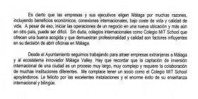 Extracto de la carta del alcalde que recibió MIT School Málaga
